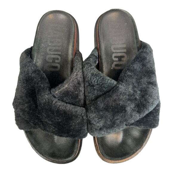 Labucq Sandal Women's 7.5 Leather Mo Black Shearling Slide